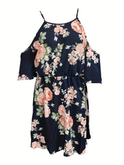  Tropical Print Cold Shoulder Round Neck Mini Dress