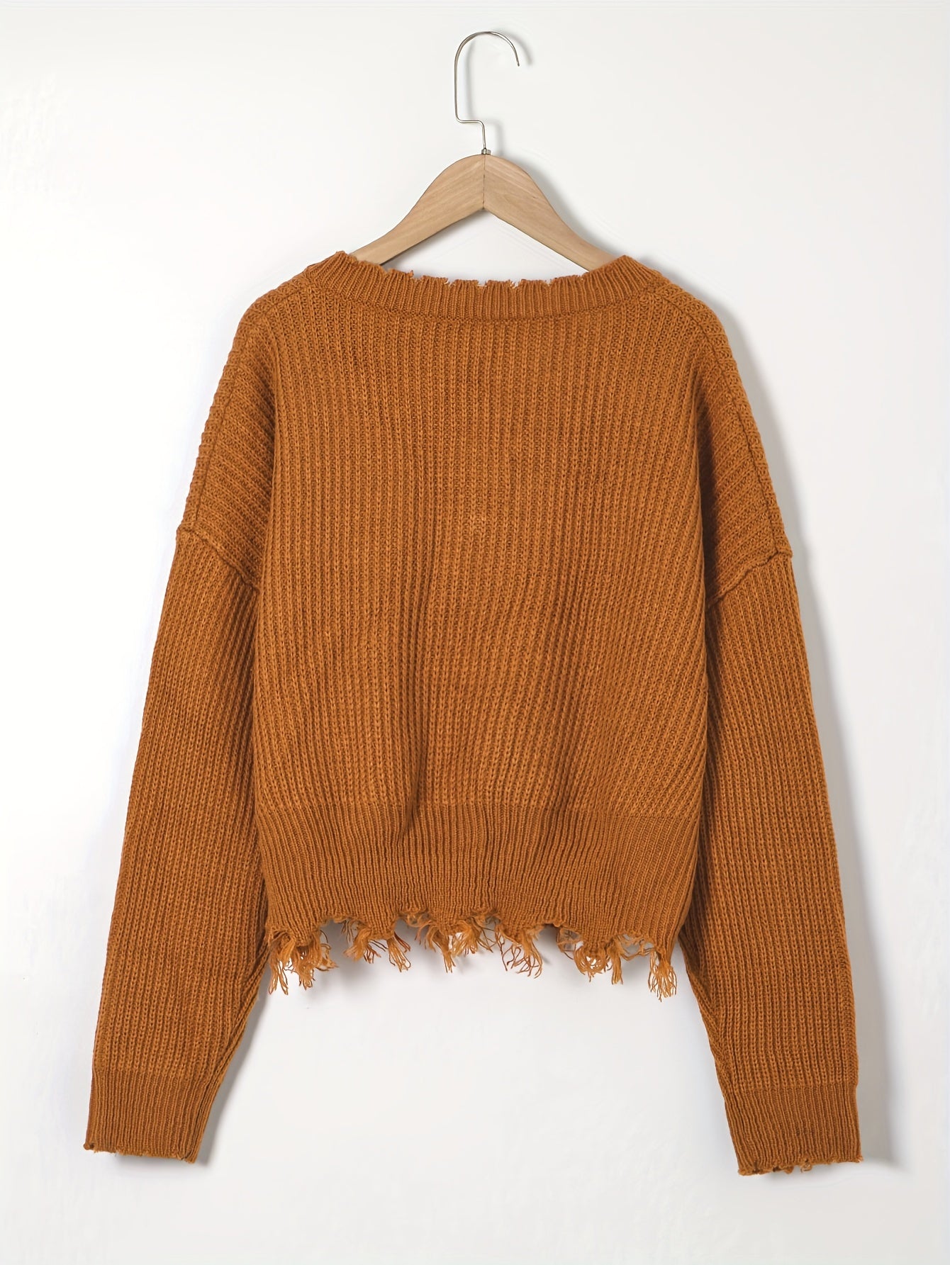  Solid Drop Shoulder V Neck Crop Sweater