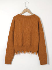  Solid Drop Shoulder V Neck Crop Sweater