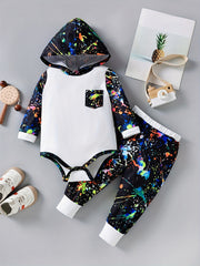Baby Boy's Graffiti Print Triangle Hoodie Romper & Pants