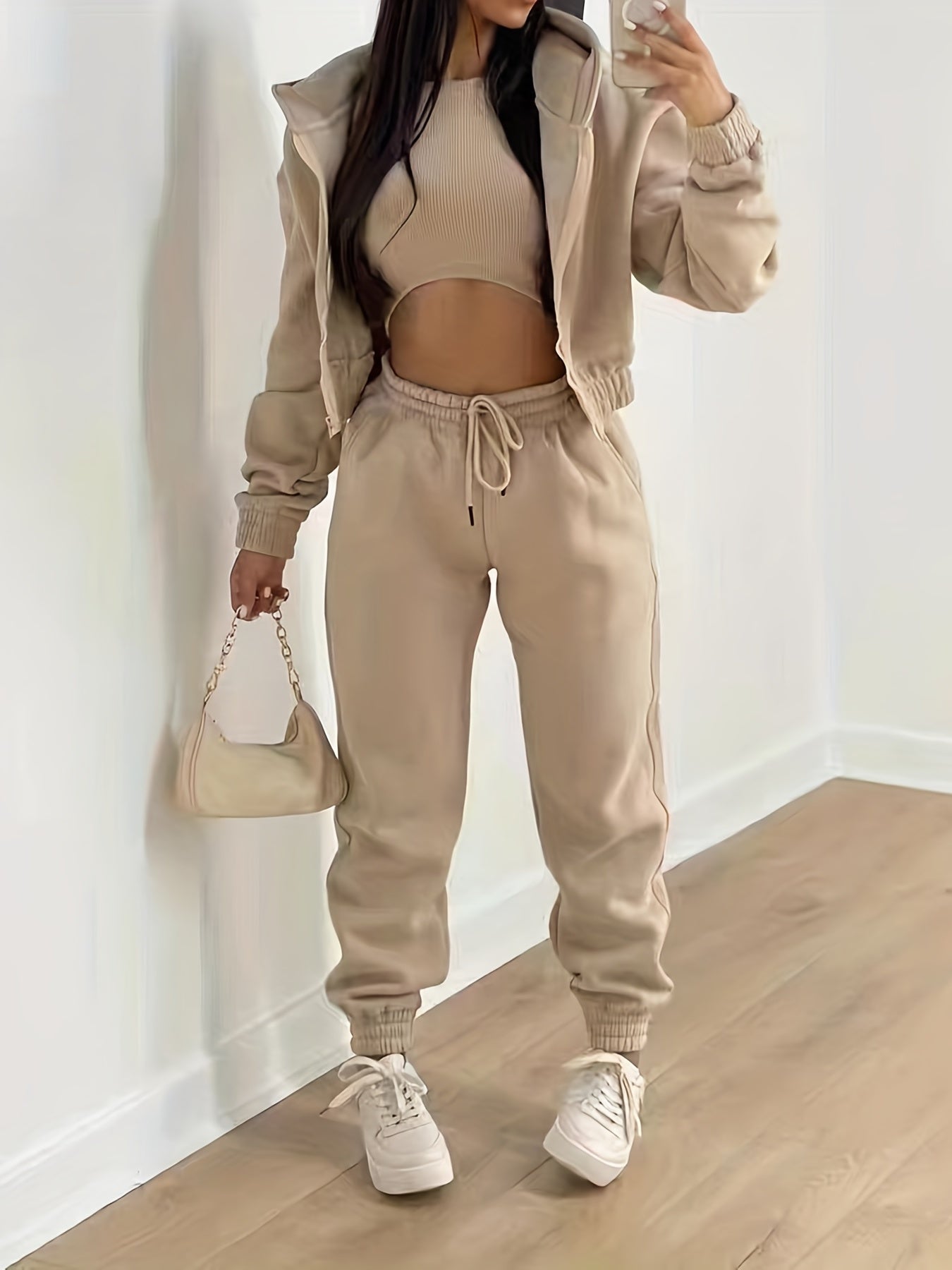 Casual 3pc Set Hooded Jacket, Tank Top, Jogger Pants