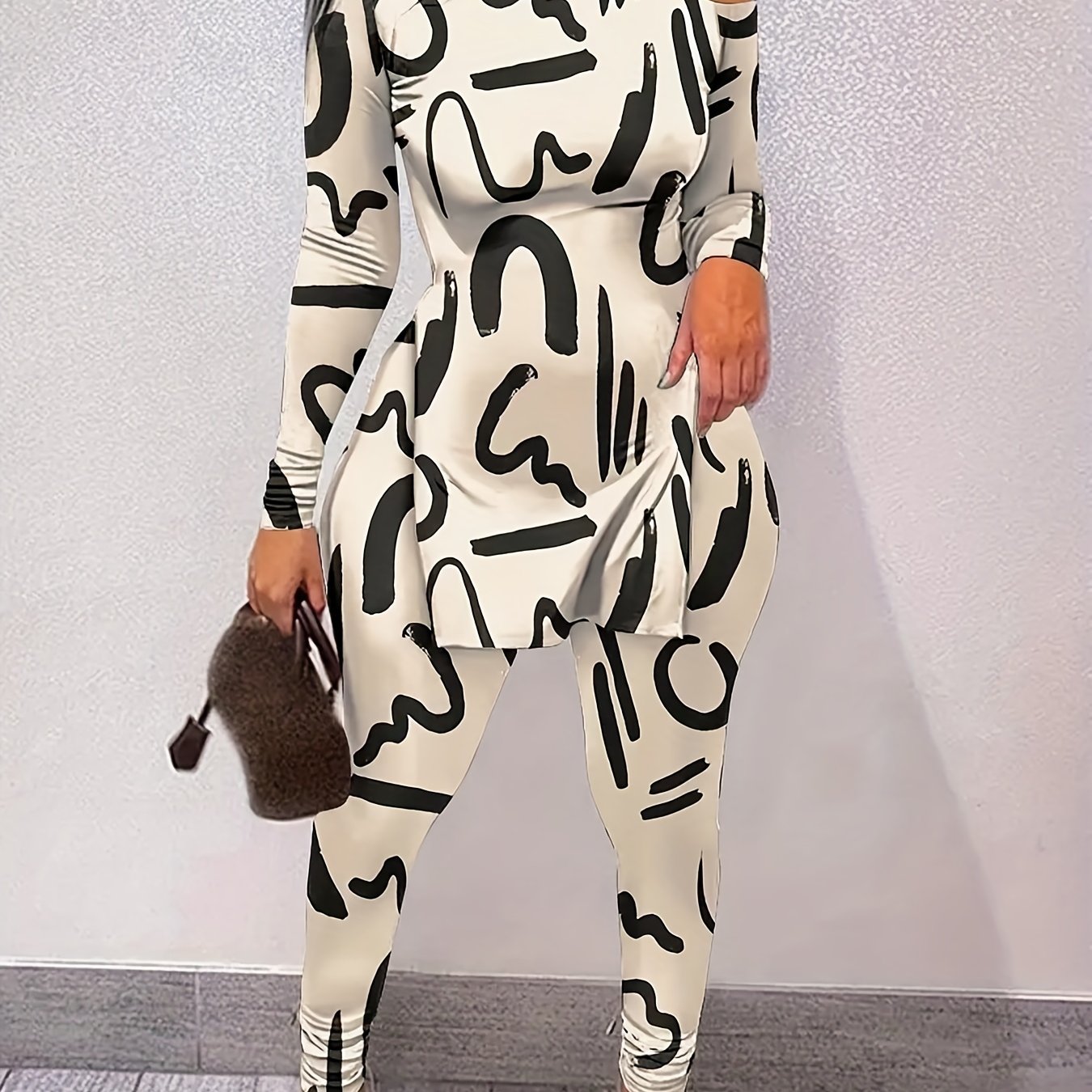 Graphic Print 2pc Set Asymmetrical Neck Split Top & Pants