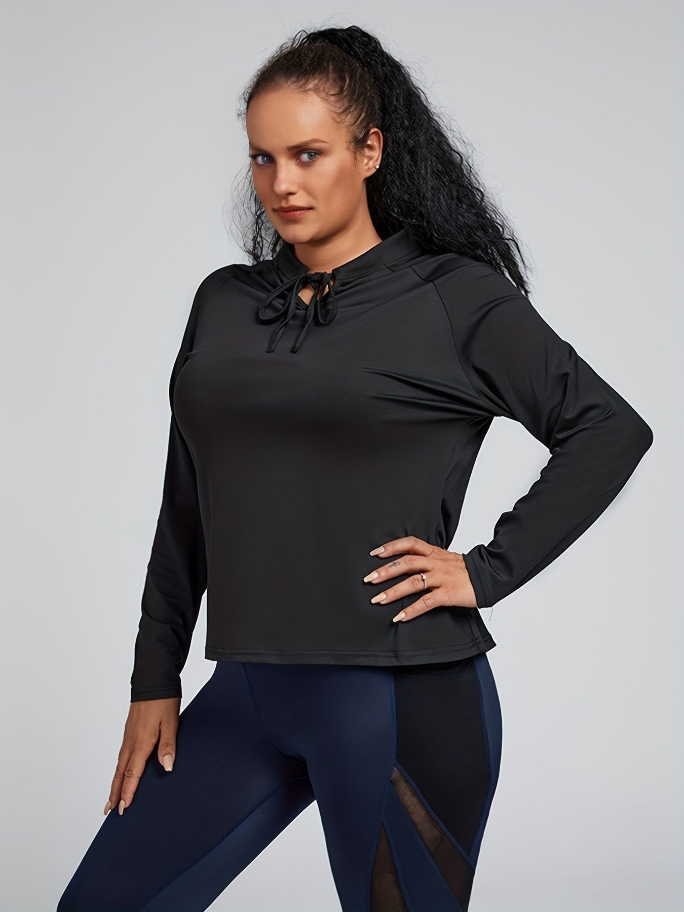  Solid Long Sleeve Quick Drying Keyhole Tie Top