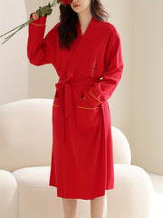 Women's Solid Lounge Robe V Neck Long Sleeve with Belt & Pockets