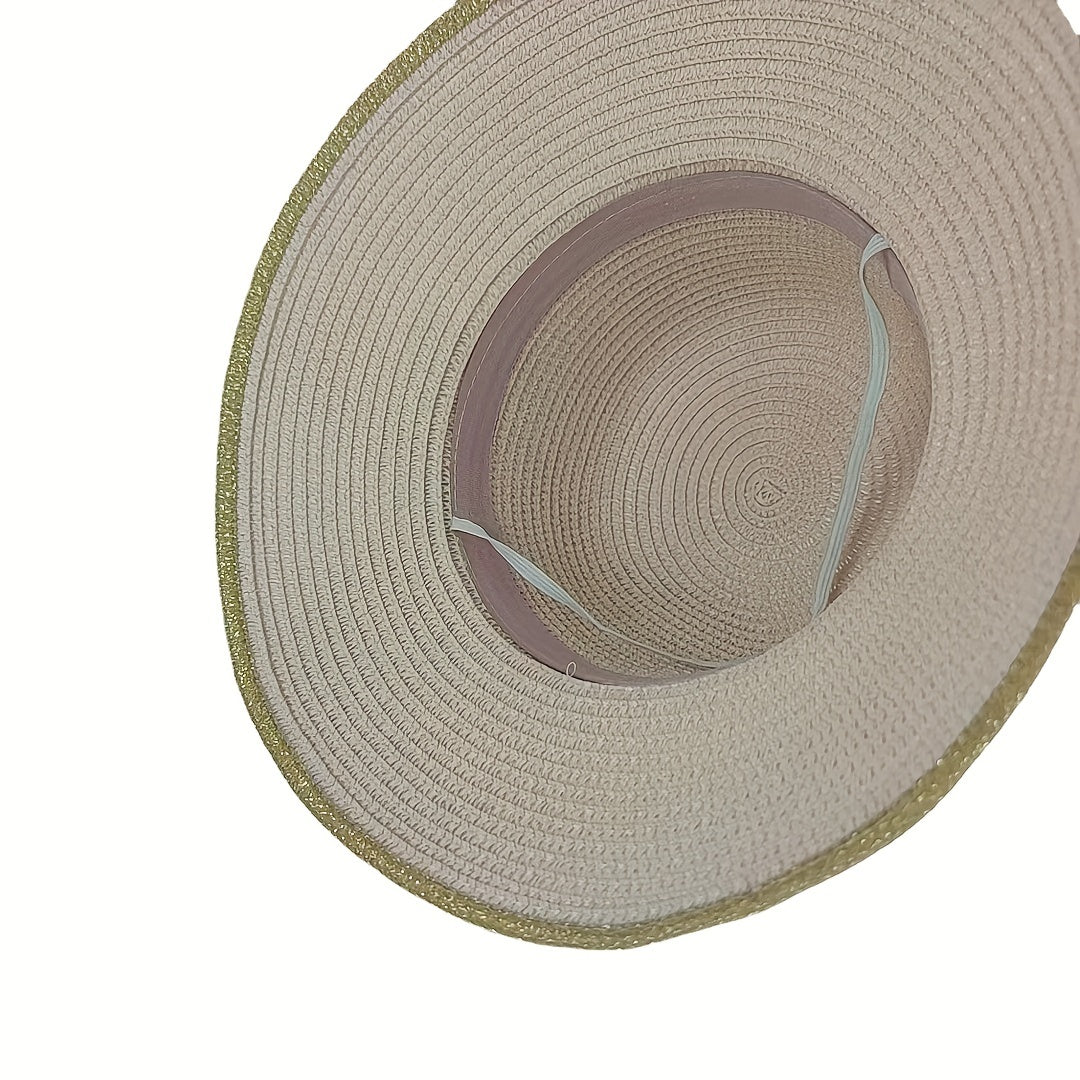 Golden Edge Straw Hat With Ribbon Sun Protection Vacation Hat