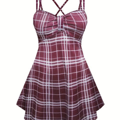 Women's Plus Plaid Print Ruched Criss Cross Cami Dress