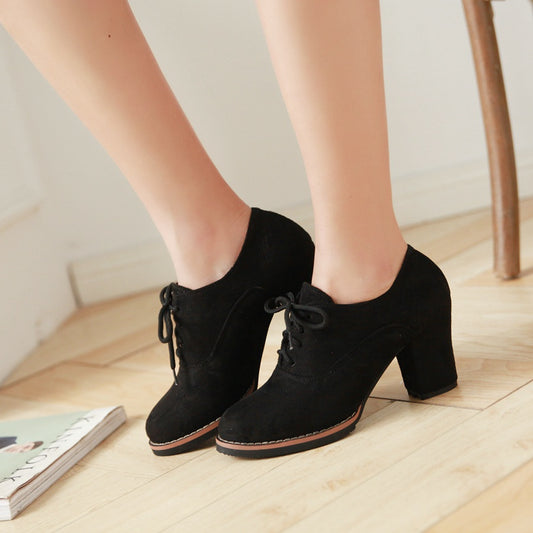 Women's Platform Chunky High Heels Micro Suede Lace Up Short Boots