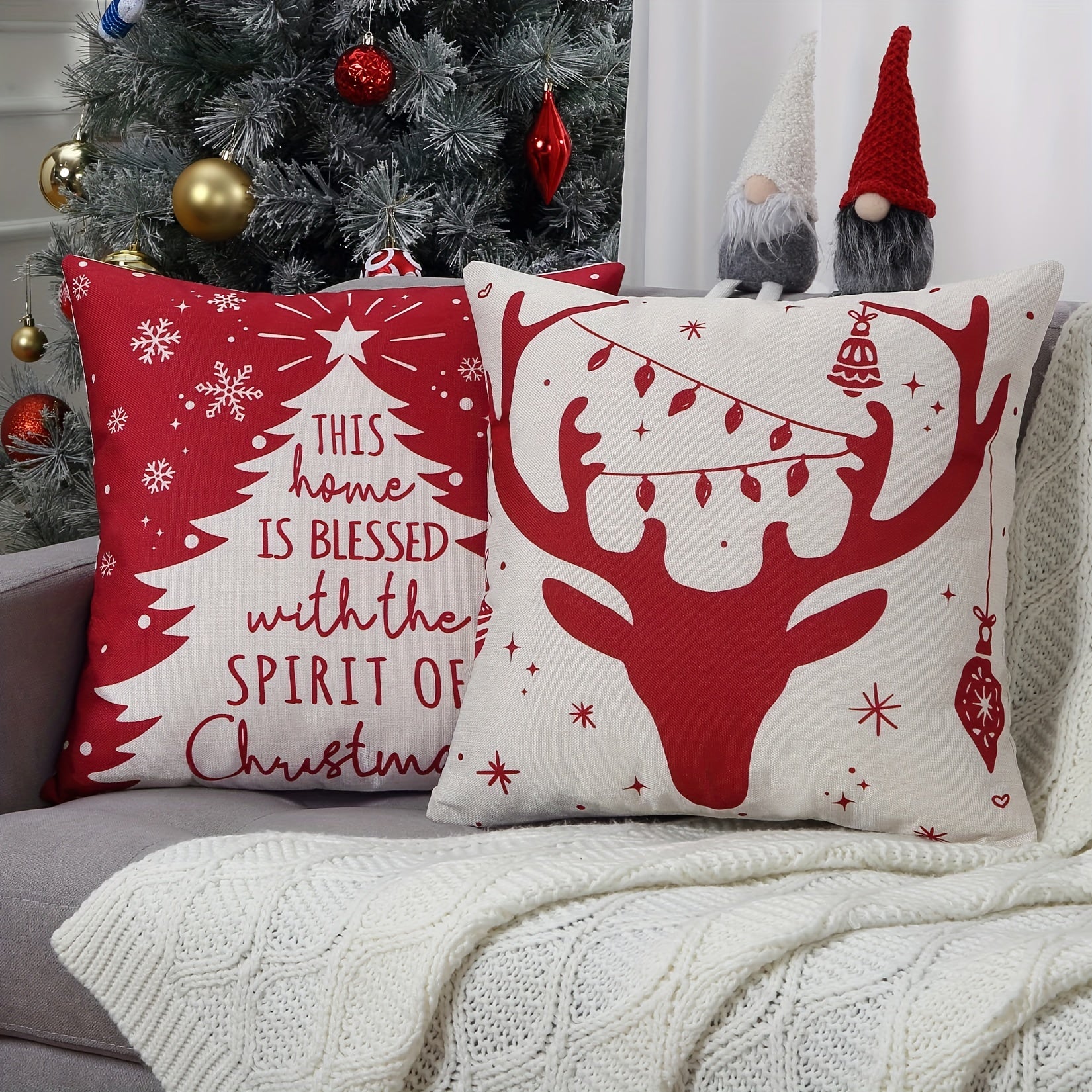 4pcs Christmas Linen Blend Cushion Cover 18''x18'' Zipper Printed Pillow Cover