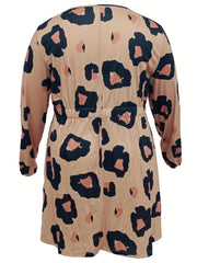 Leopard Print Button Decor Long Sleeve Plus Size Casual Dress