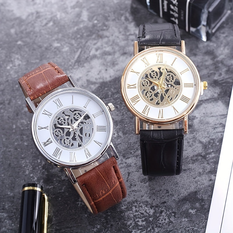Leisure Couple Watch Roman Hollow Mechanical Quartz Leather Strap