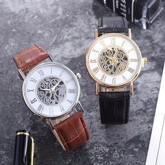 Leisure Couple Watch Roman Hollow Mechanical Quartz Leather Strap
