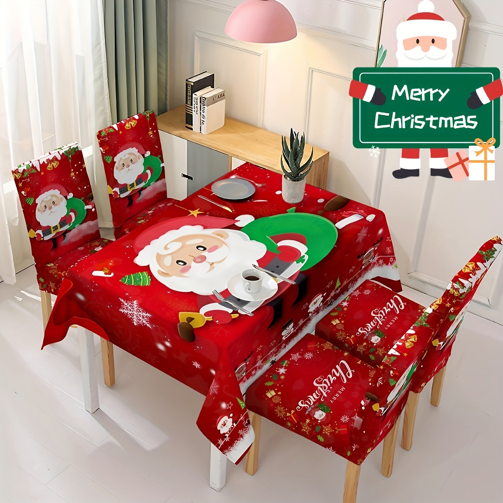 Polyester Merry Christmas Tablecloth Santa Pattern Cover Holiday Decoration