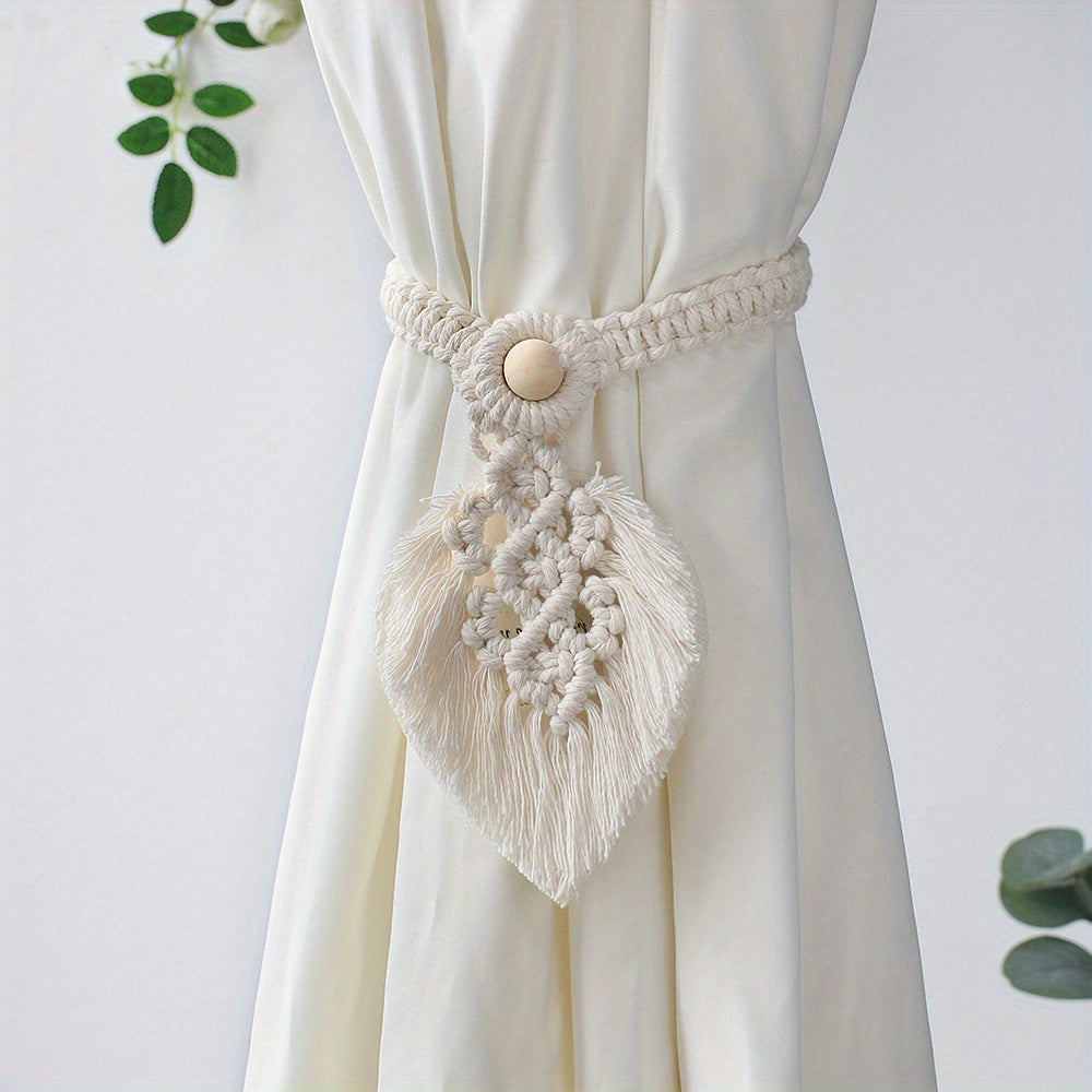 Bohemian Curtain Straps with Tassels & Leaf Shape Wooden Bead Tieback