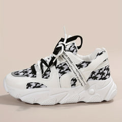 Women's Houndstooth Knit Sneakers Lace Up Low Top Platform Shoes
