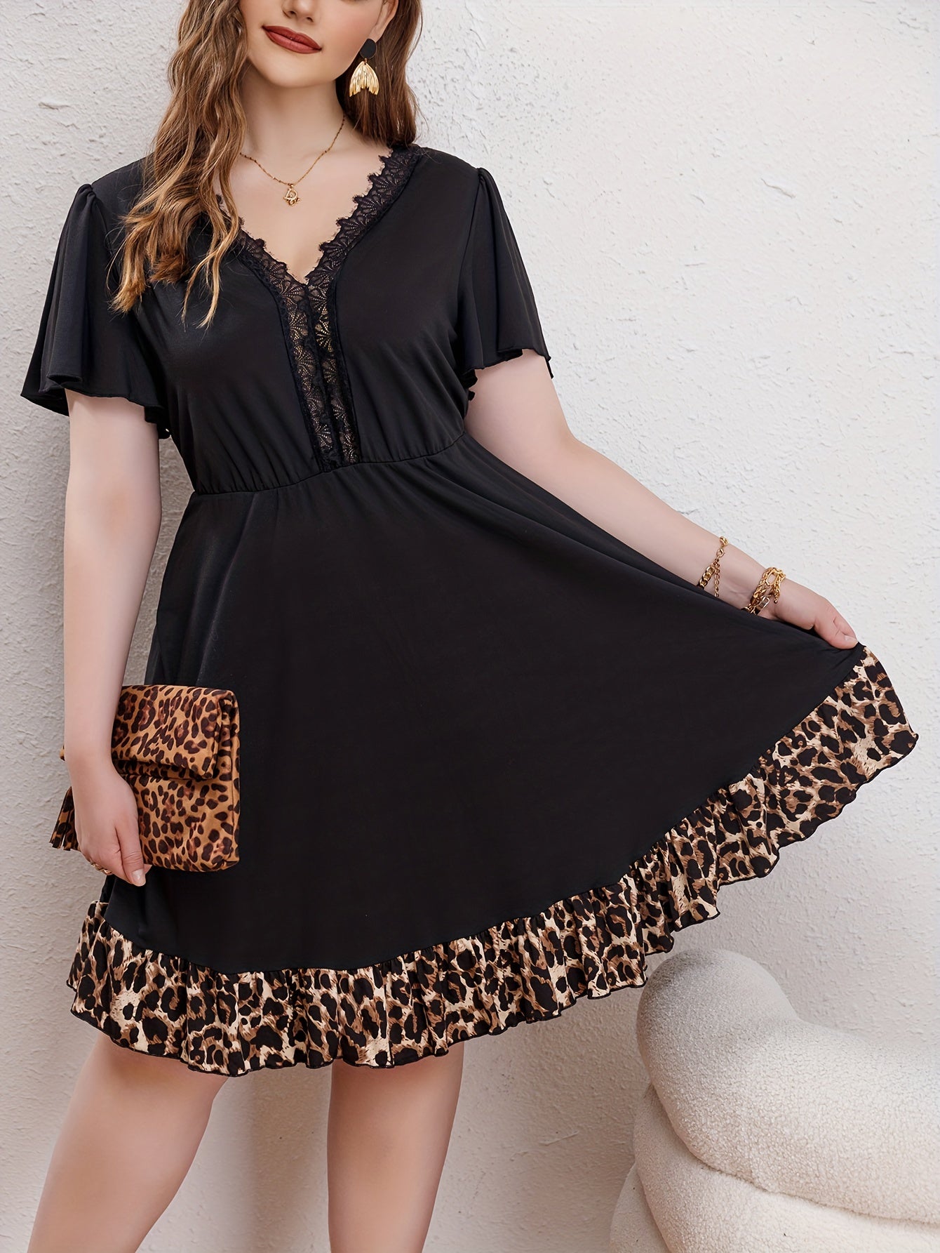Women's Plus Colorblock Leopard Print Contrast Lace Dress