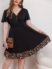 Women's Plus Colorblock Leopard Print Contrast Lace Dress