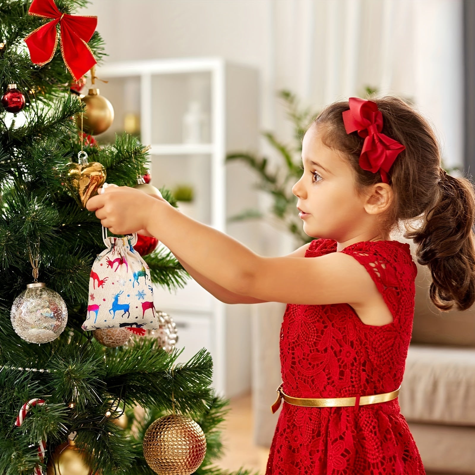 Christmas Print Bouquet Pocket Draw String Gift Bag