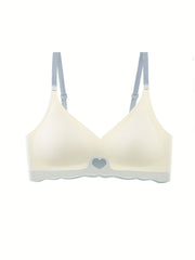 Heart Print Wireless Bra Comfy & Soft Scallop Trim Everyday Bra