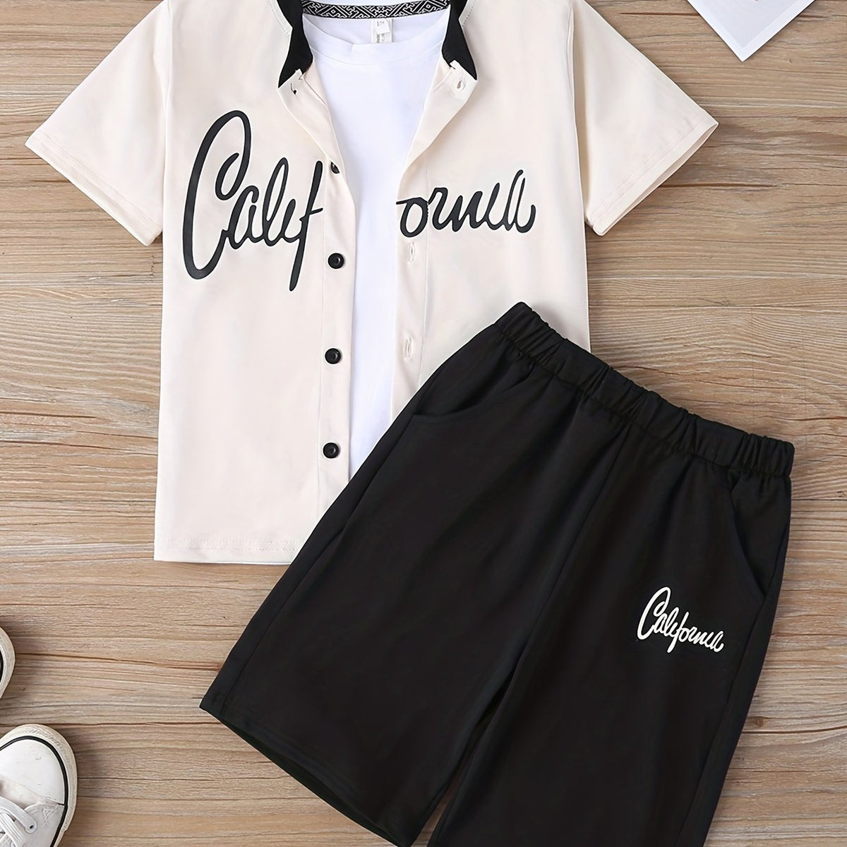 Boys Short Sleeve Button Down Shirt & Shorts 2 Piece Outfits CALIFORNIA Print