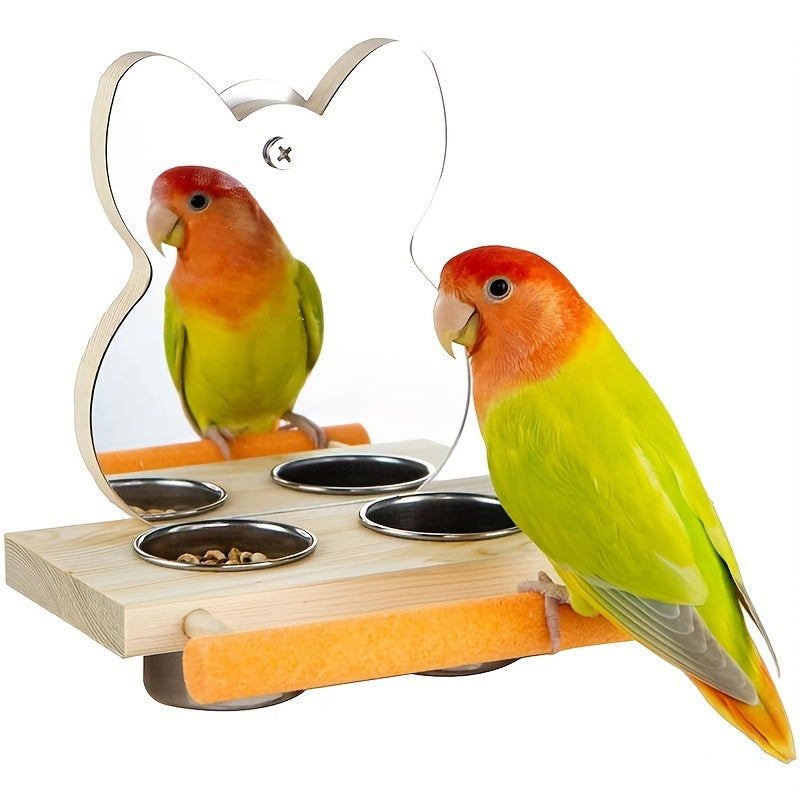 Stainless Steel Parrot Mirror Toy with Wooden Perch and Feeding Cups