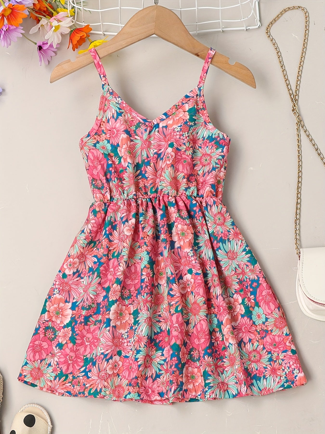 Girls Sundress Floral Pattern V Neck Elastic Waist Camisole Dress