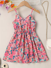 Girls Sundress Floral Pattern V Neck Elastic Waist Camisole Dress