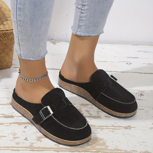 Suedette Flat Loafers Slip On Buckle Decor Half Drag Shoes