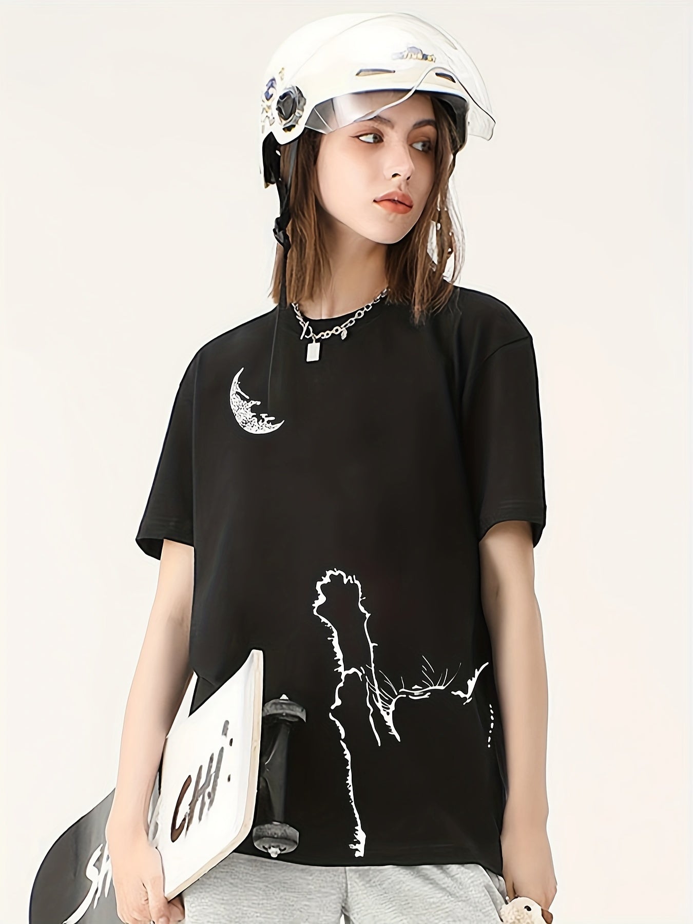 Cat And Moon Graphic Short Sleeve Top Printed T shirt Women's Activewear