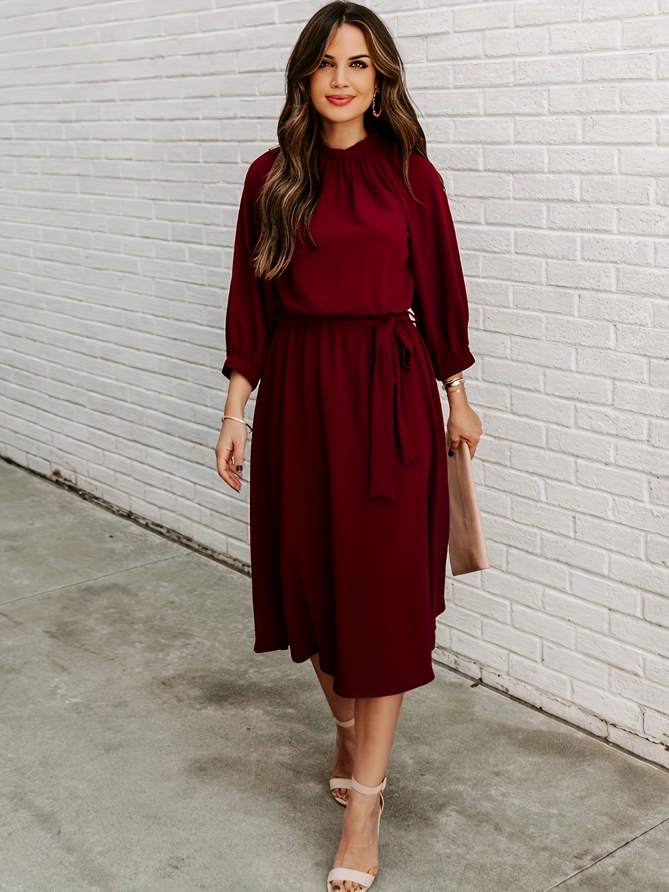  Lantern Sleeve Round Neck Belted Dress