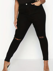  Casual Jeans Women's Plus Solid Ripped Skinny Jeans