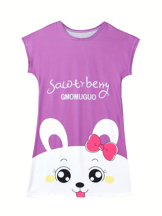 Girls Cartoon Nightdress Short Sleeve Round Neck Sleepwear Kids Spring Summer