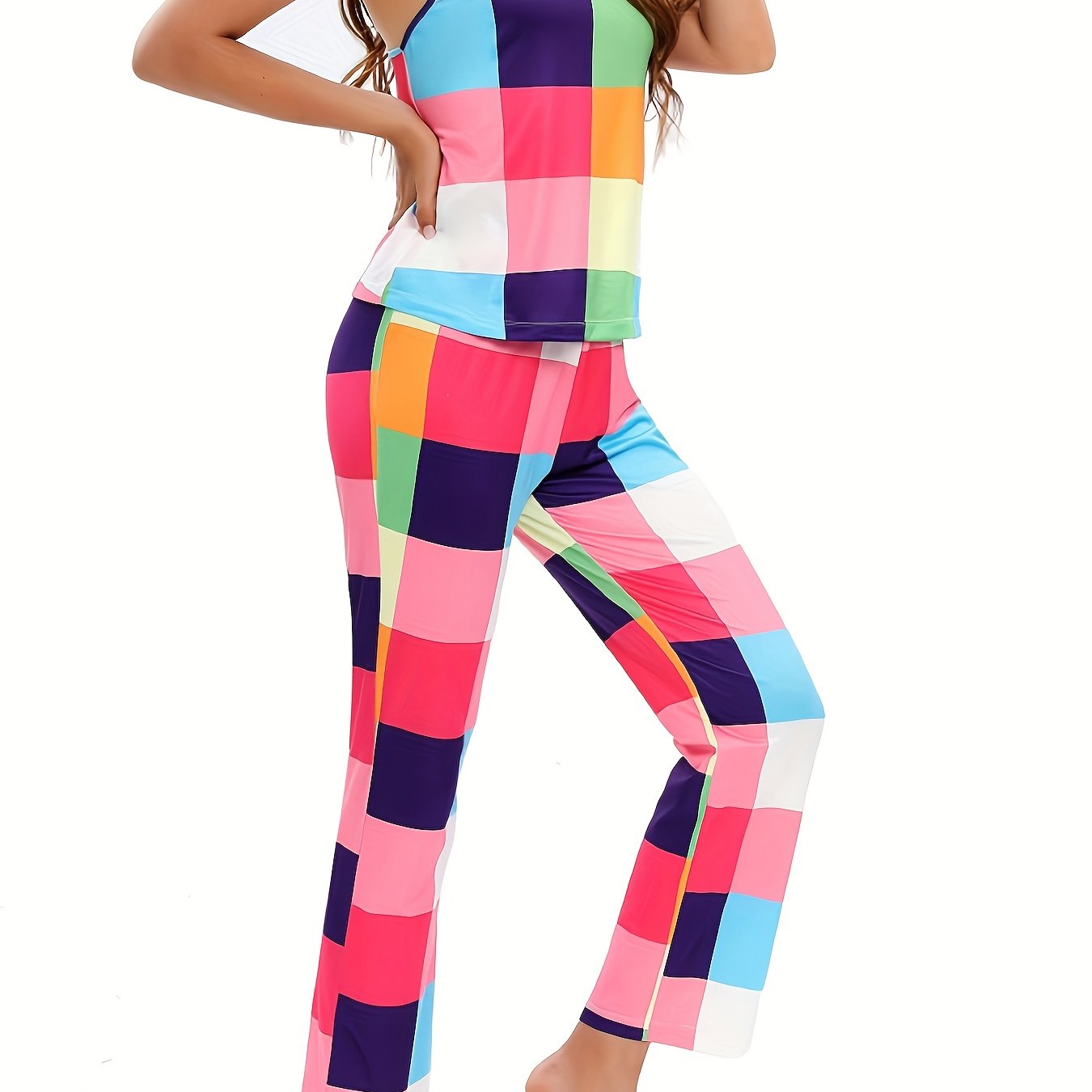 Plaid Lounge Set Crew Neck Cami Top & Pants Women's Loungewear