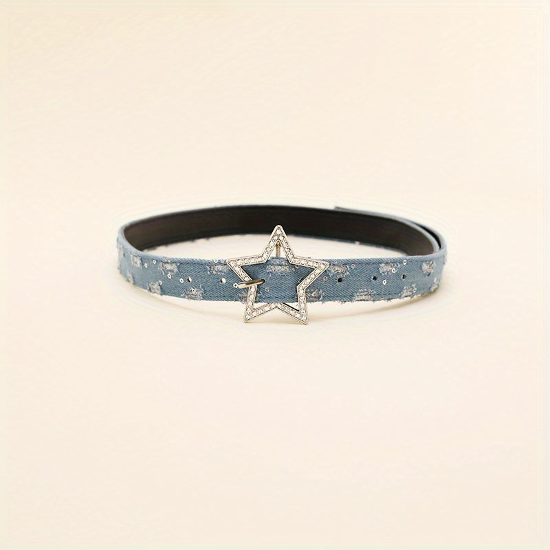 Rhinestone Pentagram Buckle Belt Denim Washed Distressed PU Leather Hip Hop