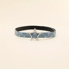 Rhinestone Pentagram Buckle Belt Denim Washed Distressed PU Leather Hip Hop