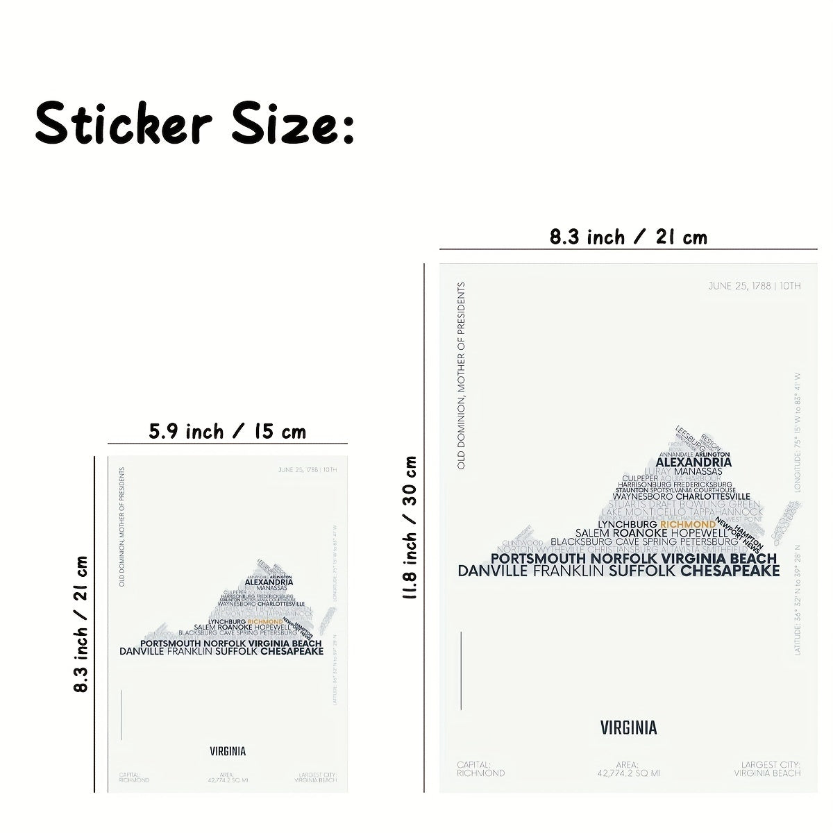 Virginia State Letter Map Stickers Modern Typography Art