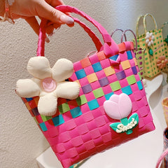 Colorful Plastic Braided Handbag with Flower Decor