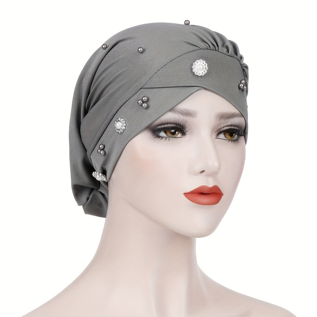 Beaded Flower Decor Head Wrap Solid Beanie Lightweight Hijab Hat