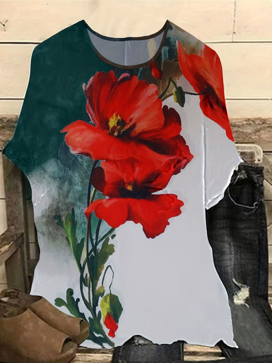  Floral Print Short Sleeve Round Neck T-shirt