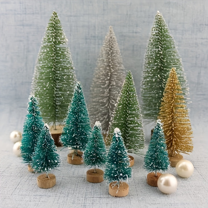 5pcs Mini Christmas Tree Sisal Tree And Wooden Base Bottle Brush Tree