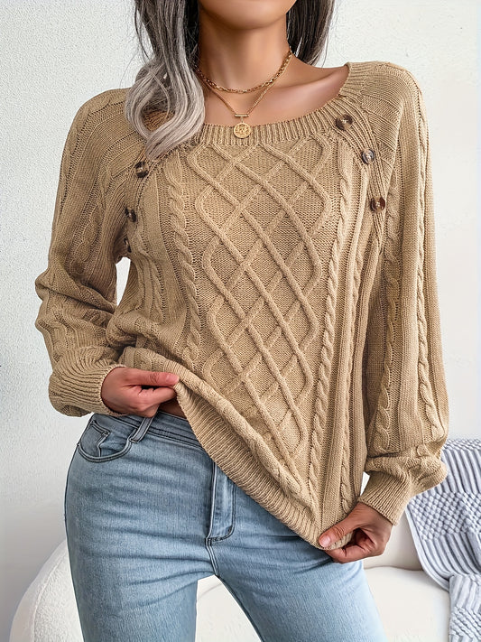  Solid Jacquard Lantern Sleeve Boat Neck Pullover Sweater
