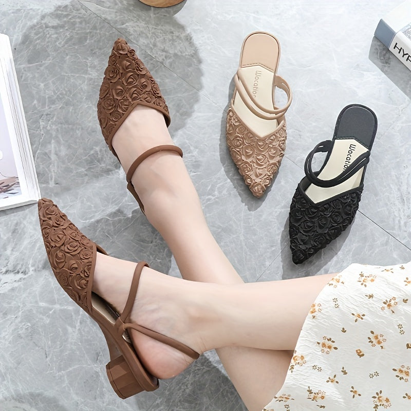 Women's Rose Embossed Slingback Sandals Chunky Low Heels