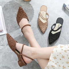 Women's Rose Embossed Slingback Sandals Chunky Low Heels