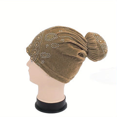 Pom Pom Rhinestone Turban Velvet Head Wrap Chemo Cap