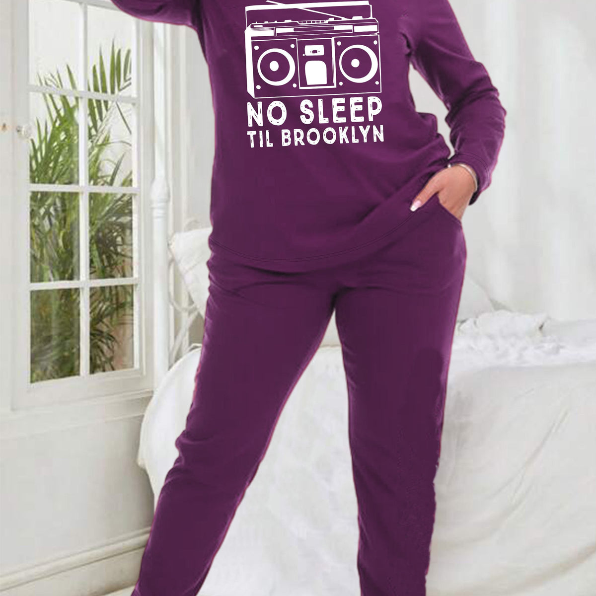 Women's Plus Radio & Letter Graphic Long Sleeve Tee & Pants Lounge Set