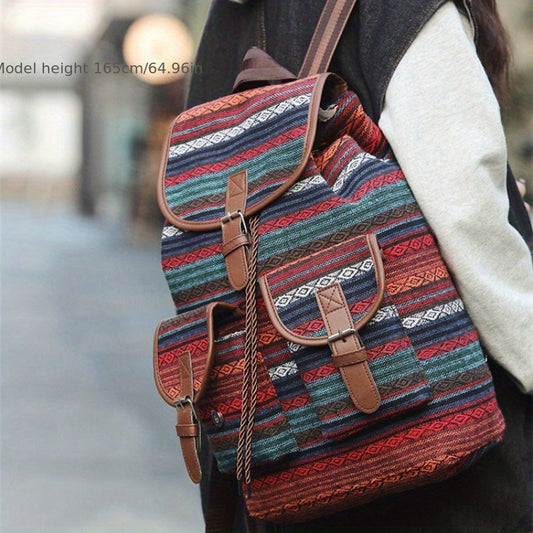 Vintage Oxford Cloth Backpack Spacious Ethnic Style Flap Daypack