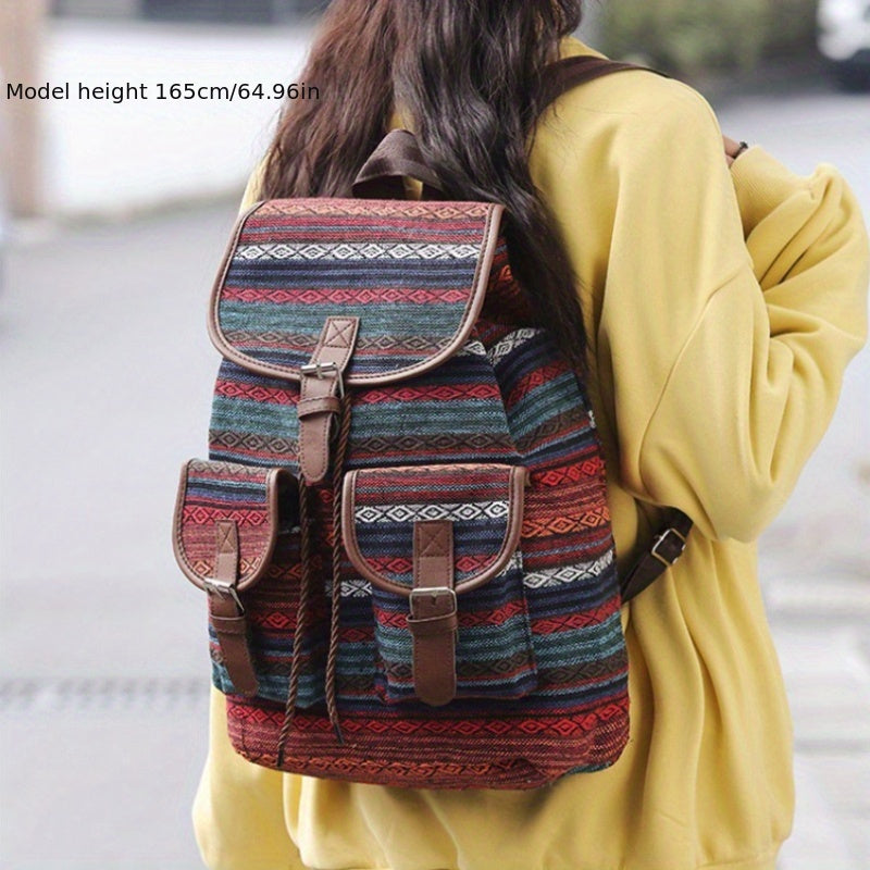 Vintage Oxford Cloth Backpack Spacious Ethnic Style Flap Daypack