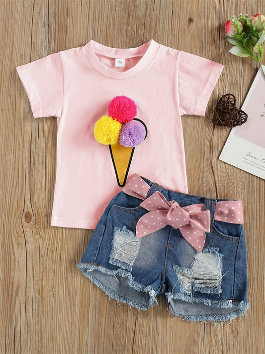Girls Ice Cream Pom Pom T-shirt & Shorts Set