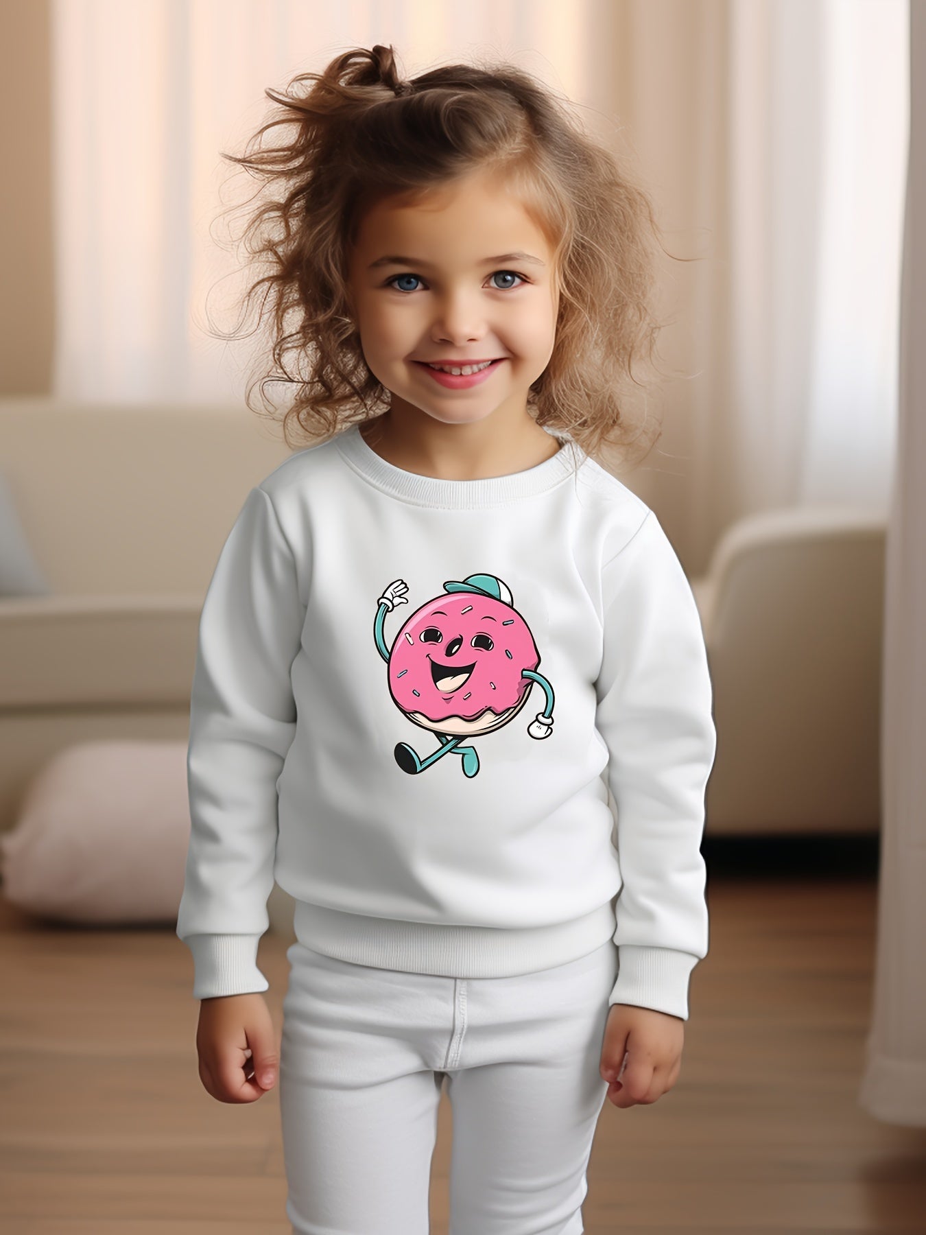 Cartoon Donut Print Girls Sweatshirt Long Sleeve Crew Neck Tops