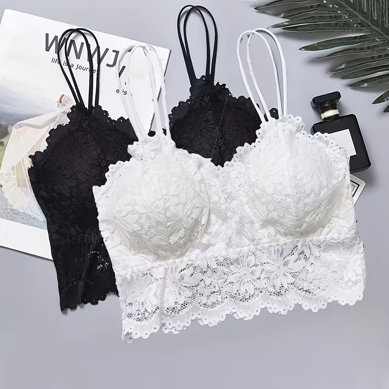 2pcs Lace Wireless Bras Scallop Trim Bralette Women's Lingerie
