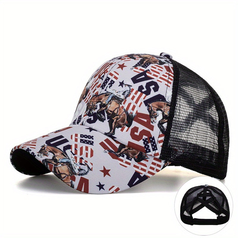 Ponytail Trucker Hat Horse Print Mesh Dad Hat For Women